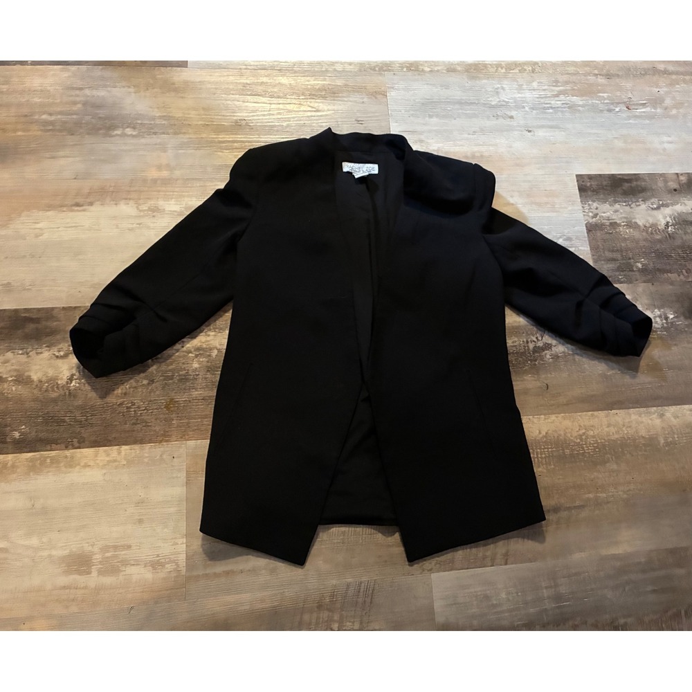 Rachel Zoe Womens Black Open Front Ruched 3/4 Sleeve Blazer Jacket Size M